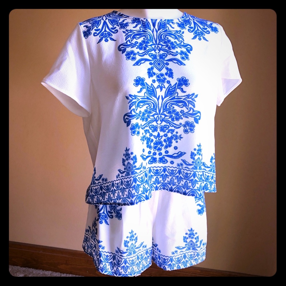 Blue & White Top and Shorts Set
